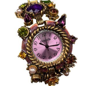 Chico's Watch Rhinestone Crystal Faux Pearl Statement Gold Tone 7.5"